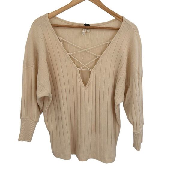 We the Free free people ivory cream lace up slouchy top size large - Picture 2 of 6
